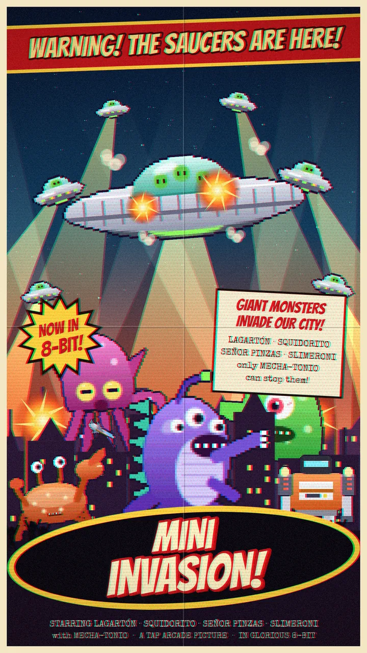 Mini Invasion movie-style poster: a flying saucer over a city at night, with Squidorito, Lagartón, Señor Pinzas, Slimeroni and Mecha-Tonio.